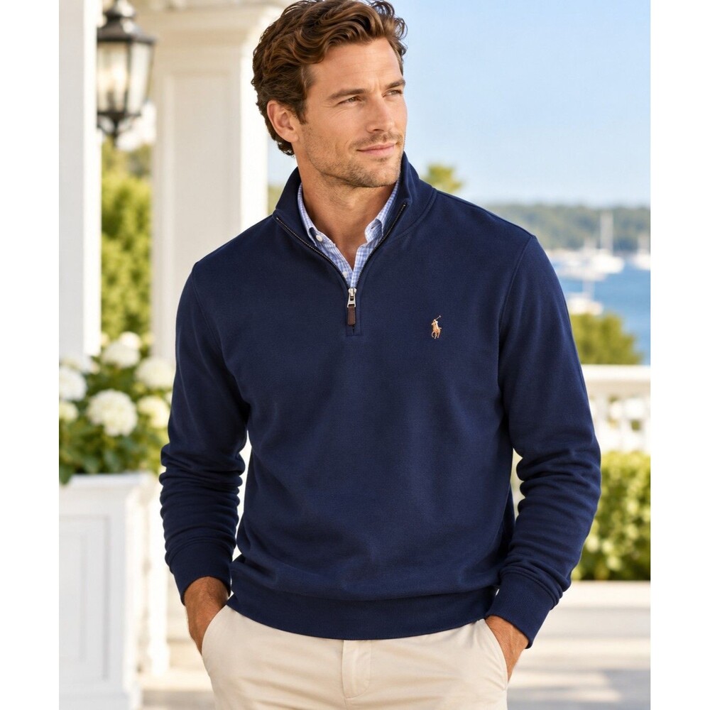 NWT Polo Ralph Lauren Estate Rib Quarter Zip Pullover Mens XL Navy Flesh Pony